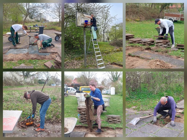 Das Bild veranschaulicht die einzelnen Arbeitsschritte der Säuberung des Basketball-Platzes.